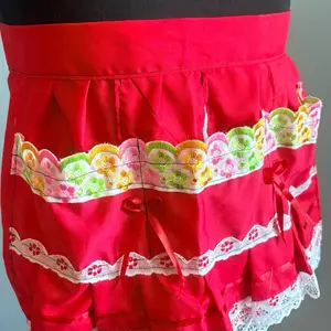 Mamacitas Aprons - Red Apron with Colorful Crochet Trim and White Lace Detail for Kitchen Cooking