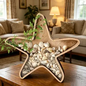 Wooden Starfish Shell Transparent Display Storage Box, Coastal Nautical Ocean Style Home Ornament, Decorative Organizer Creating Serene Beach Atmosphere For Seashell Collection And Household Interior Layout
