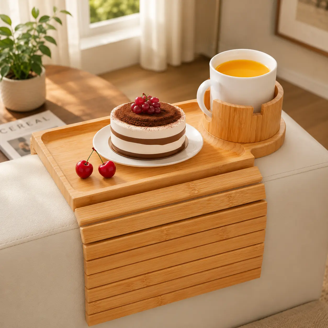 3-in-1 Wooden Sofa Armrest Tray - Clip-On Living Room Sofa Side Organizer with Cup Holder, 360° Rotatable Phone Holder, Space-Saving Home Furniture Accessory