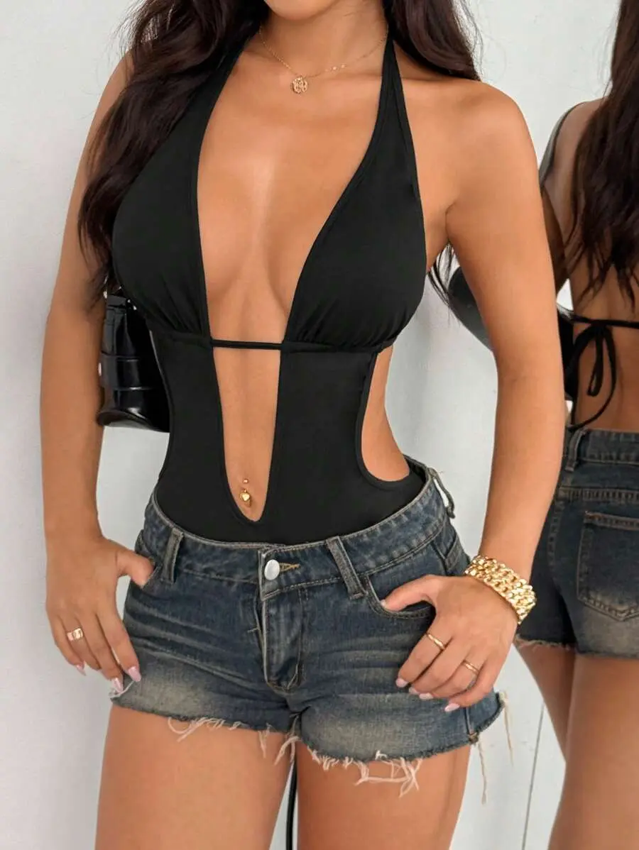 Black Deep V Backless Halter Tied Bodysuit, Super Stretchy Soft & Comfortable, Sexy Casual For Home, Beach, Daily Wear, Women, Summer