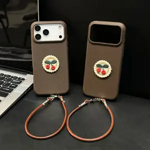 Dark brown embroidered cherry for iPhone17Promax mobile phone case with bracelet lanyard Apple 16Pro niche creative Maillard 15 high-end fashion 14 days Korean ins wind 13 anti-drop 12