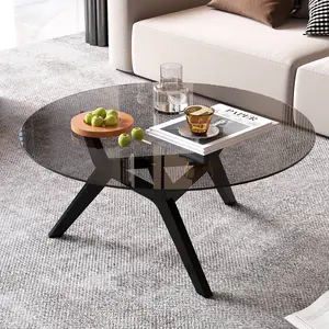 FREDEES Glass Top Coffee Table - for Living Room, Round Center Table with S-Shaped Solid Wood Table Legs, Modern Tea Table with Dark Tea Tinted Glass Top, 31.5''W × 31.5'' D ×16.53''H