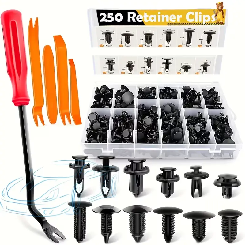 250Pcs Car Retainer Clips Fasteners Kit, 12 Sizes Plastic Auto Push Pin Rivets with 5Pcs Trim Removal Tools, Bumper Fender Door Panel Replacement Clips for Most Vehicles