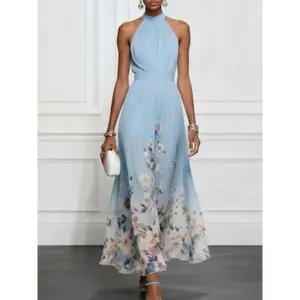 Women's Sleeveless Polyester Halter Neck Fitted Waist-Cinching Floral Print Gradient Long Dress - Chic Fabric, Elegant Design, Ideal for Garden Parties, Upscale Dates (Lady-Focused),summervibes