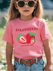 Girls' Strawberry Active T-Shirt, Fresh Strawberry Print Comfortable Fit, Cute Cartoon Style, Soft Fabric, Casual Wear, Graphic Shirts, Graphic Fashion Tee