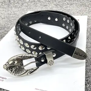 ERD Melancholic Rich-Kid Cross Belt Y2K Punk Black Edgy Riveted Waistband for Women's Jeans PU Leather with Unique Rich-Kid Cross Buckle