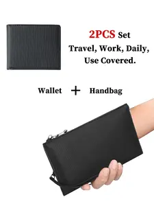 Men's 2-Piece Clutch Wallet Set - Black Textured Faux Leather Wristlet Clutch with Large Capacity + Compact Bifold Wallet, Multi-Card Slots & Internal Card Pocket, Ideal for Daily Commute, Travel & Work, Perfect Gift for Him