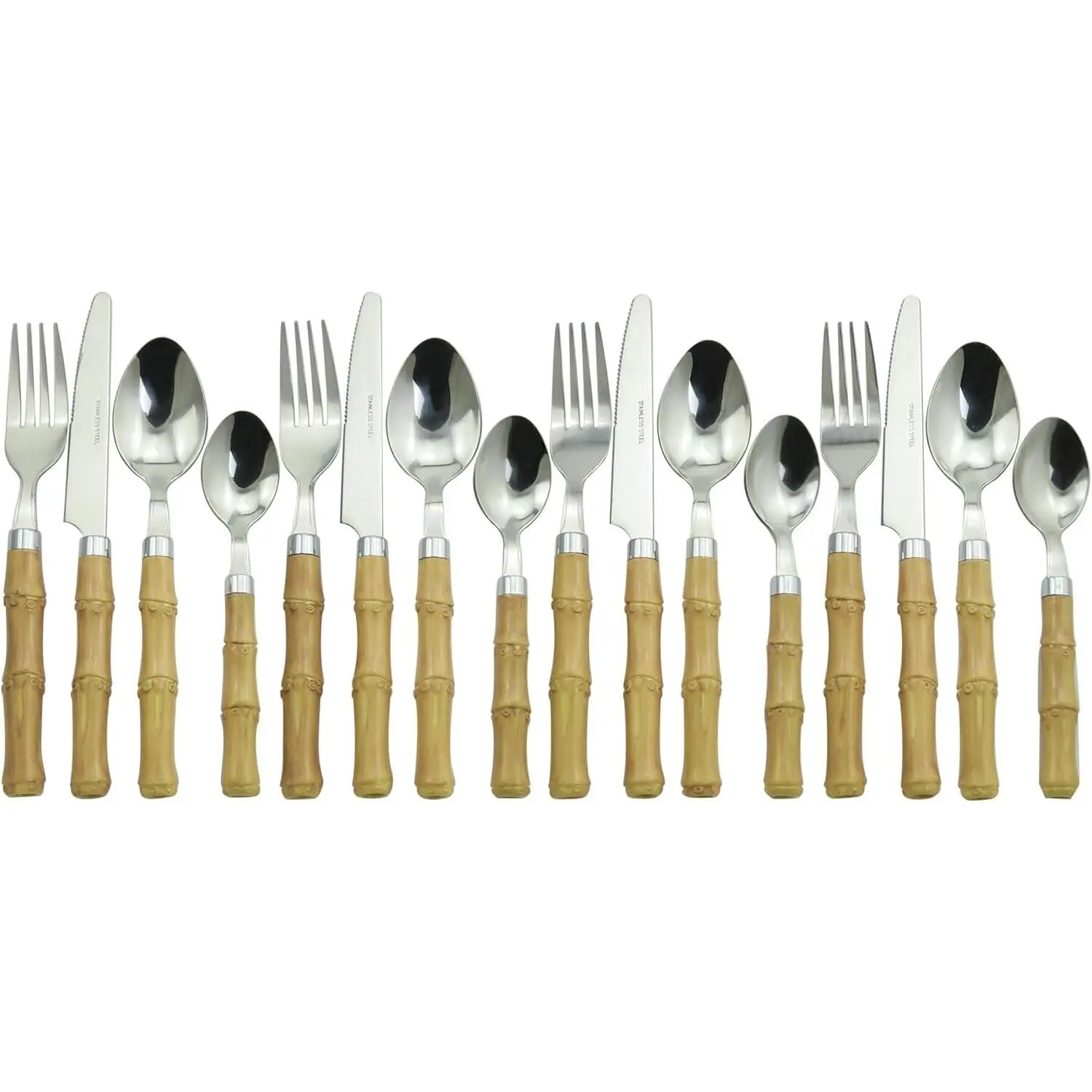 The Original Brink House Beyond Bamboo Stainless Steel Cutlery Set with Naturalistic Bamboo Handles / 16 pieces with Metal Stand, Lifestyle utensils set for home, first apartment, dorm, outdoor events Tableware