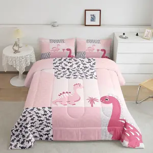 Cute Dinosaur Bedding Set for Boys Girls Teens,Geometric Comforter,Cartoon Wildlife Comforter Set,Pink Quilt Set，Room Decor Duvet Set