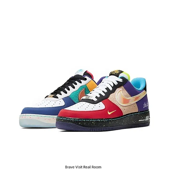Multi-Color Patchwork Mixed Panel Black Swoosh Retro Low Top Air Force Casual Sneakers Black Speckled Rubber Outsole Colorful Stitching Leather Daily Walking Shoes for Men Women Street Fashion Trainers