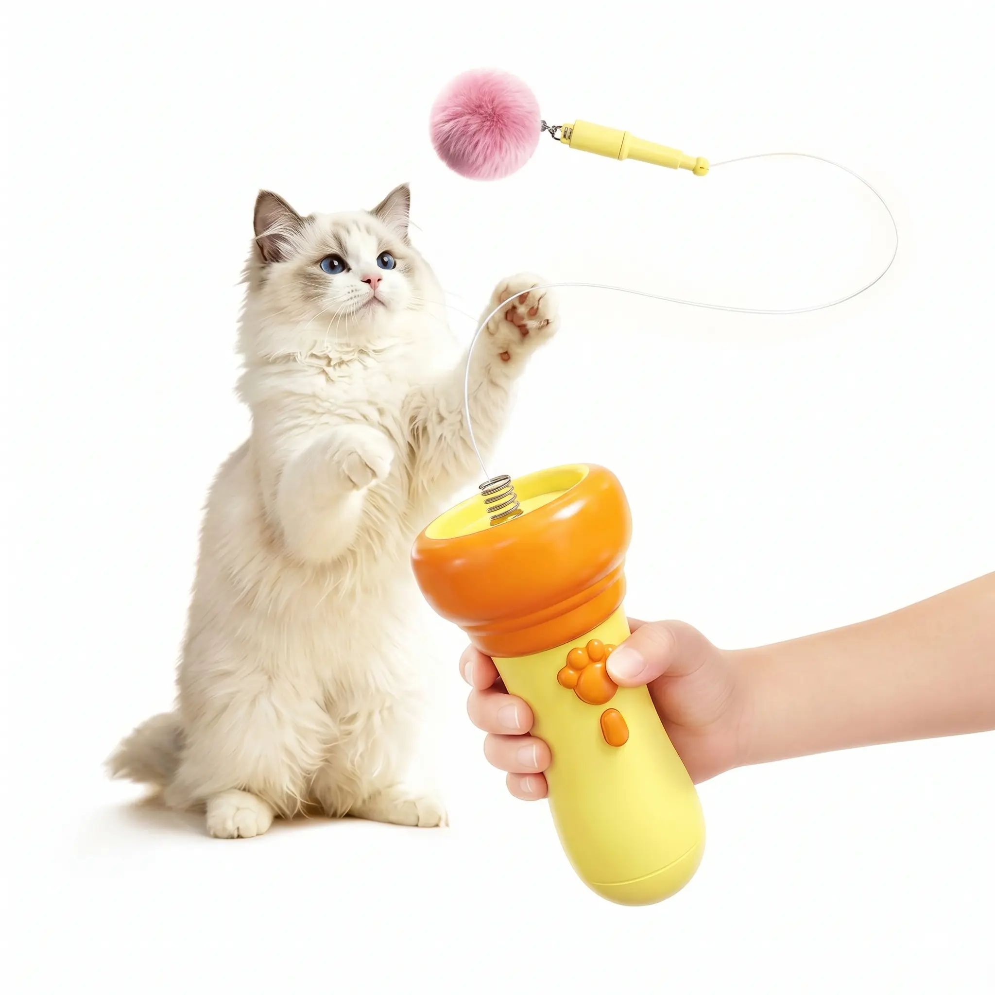 Electric Cat Teaser Toy with Fluffy Pom Balls, Interactive Handheld Cat Wand Toy for Indoor Cats and Kittens