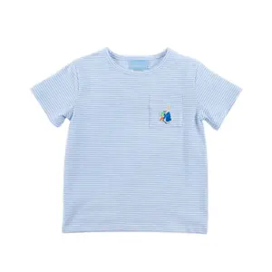 Storybook Rabbit Embroidered Light Blue Short Sleeve Pocket Shirt - Cute Boys Easter Outfit