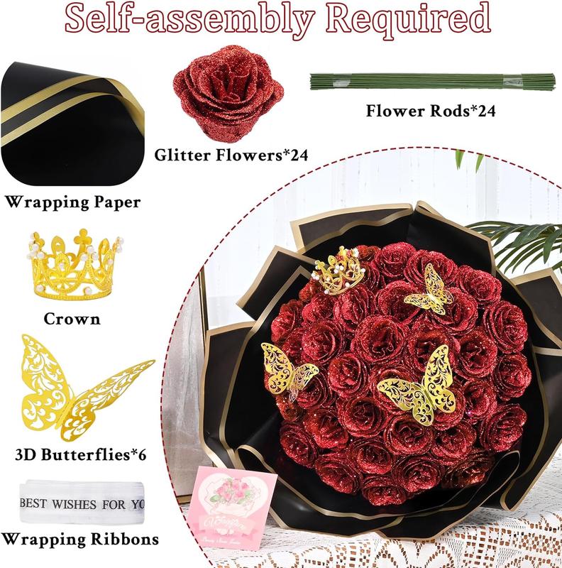 24Pcs DIY Glitter Roses Bouquet – Shiny Artificial Red Roses Bouquet Fake Rose Birthday，Anniversary, Engagement, Wedding, Gifts for Women DIY Decorations Gift Set