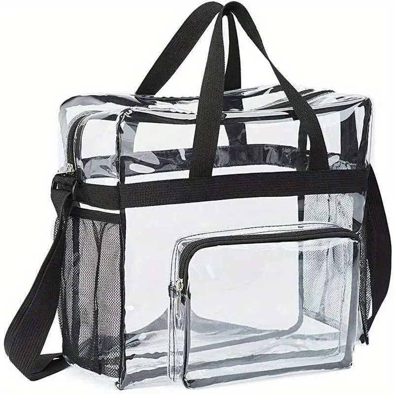 Stadium Approved Unisex Clear PVC-Nylon Tote Bag - Waterproof Transparent Handbag with Adjustable Crossbody Strap, Large Capacity, Mesh Side Pockets & Zippered Pouch for Concerts, Dorm Move