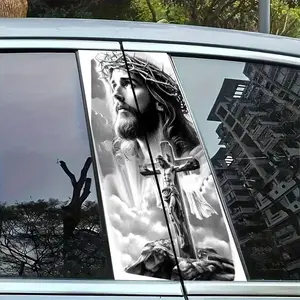 Jesus Crown of Thorns Car B Pillar Sticker, Car Decorative Sticker, Waterproof Vinyl Decal, Christian Crucifixion Cloud Graphic, Religious Faith Auto Window Trim Decor, Compatible with Most Cars Trucks, Spiritual Vehicle Exterior Accessories