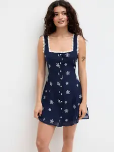 Cider Square Neck Floral Lace Trim Mini Dress