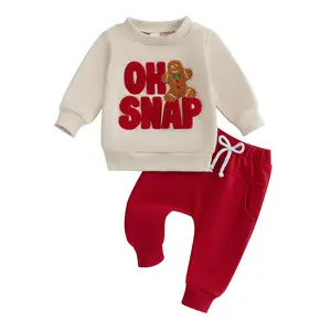 Toddler Baby Boy Girl Christmas Outfit Gingerbread Man Embroidery Sweatshirt Elastic Waist Long Pants Two Piece Sets