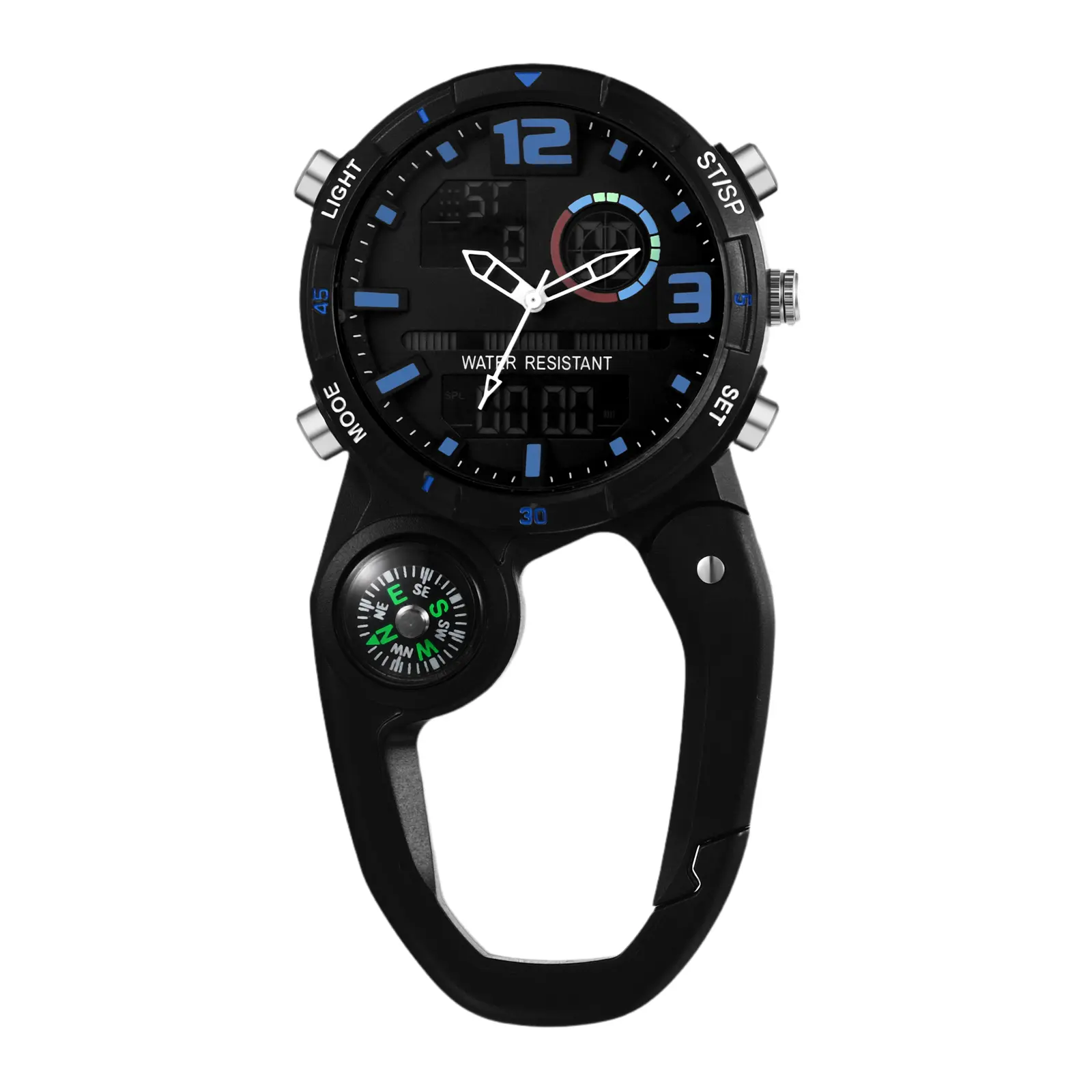 OIDEA Multifunctional Clip-On Watch - Digital-Analog Dual Time Display, LED Carabiner, Backpack Buckle Belt Fob, Fashionable Luminous Quartz Waterproof Stainless Steel Stylish Watch for Rock Climbing, Medical Professionals, Fashionable Waterproof Watch