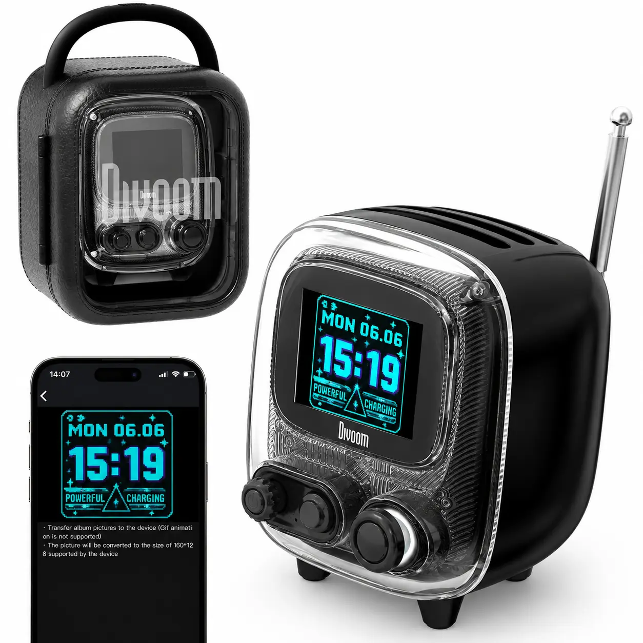 Divoom Tiivoo-2 FM Radio,Retro Bluetooth Speaker with Pixel Art Display, Black Alarm Clock, Portable Mini Wireless Speaker, Cute Vintage Desk Decor Audio Gift techvibes