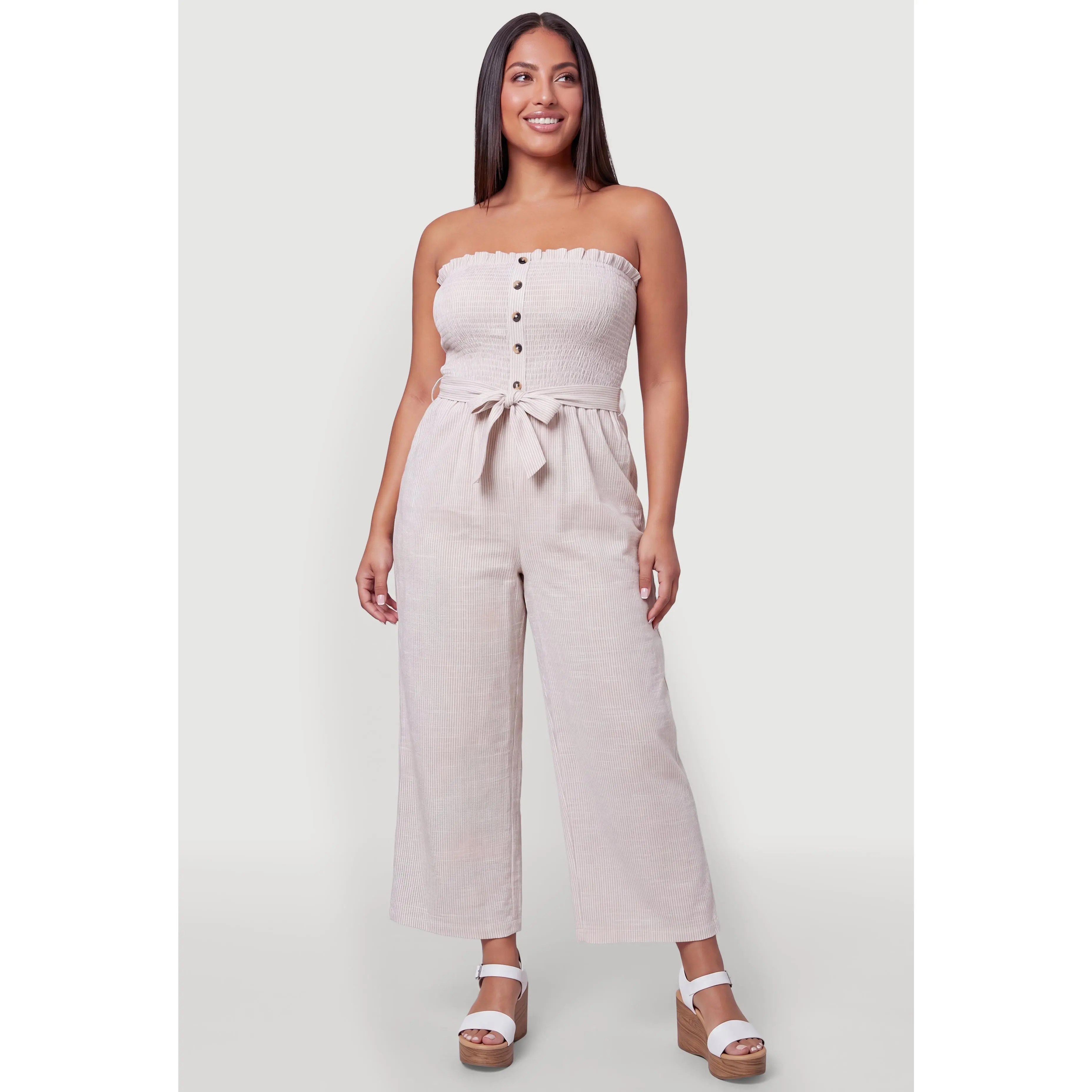Plus Size Striped Strapless Jumpsuit with Tie Waist Belt