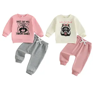 Toddler Baby Girl Fall Outfits Raccoon Letter Print Crew Neck Long Sleeve Sweatshirt with Pants 2 Pcs Set
