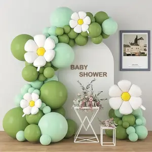112 green avocado colored white daisy balloons, sunflowers, spring outdoor camping, birthday parties, party balloons decoration