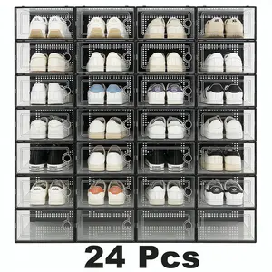X-Large 12/24 Pack Clear Shoe Storage Organizers, Stackable Plastic Containers for Closet, Size 11 Sneaker Compatible, Space Saving Entryway Shoe Rack, Drawer Unit Alternative