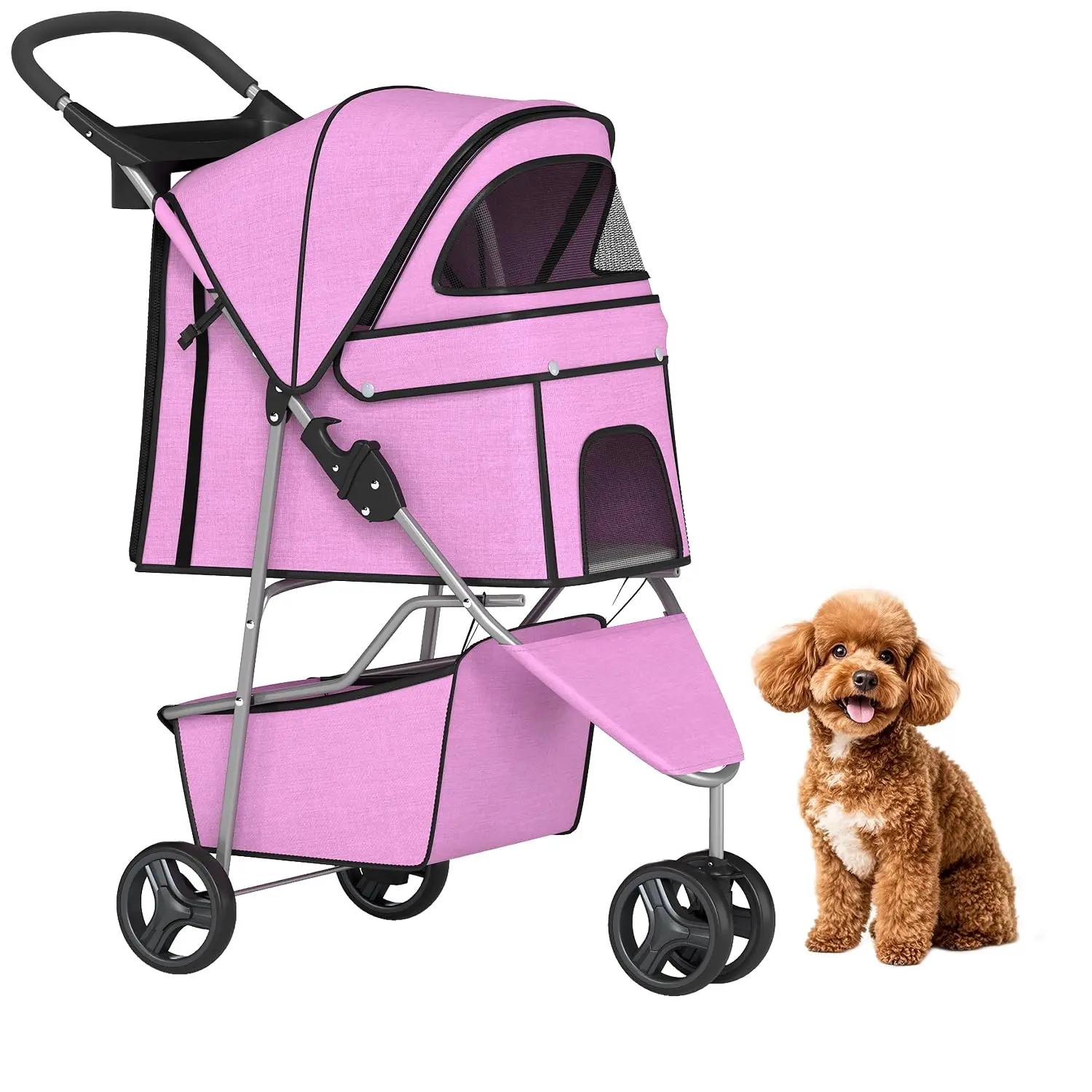 Bestpet | 3-Wheel Pet Stroller | Pink | Foldable Dog and Cat Stroller | Breathable Mesh | Lightweight, Waterproof Travel Carrier with Cup Holder & Storage Basket | for Daily Walks & Outdoor Use BestPet