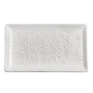 Reindeer Christmas Tree Platter; Ceramic Embossed White Serving Tray