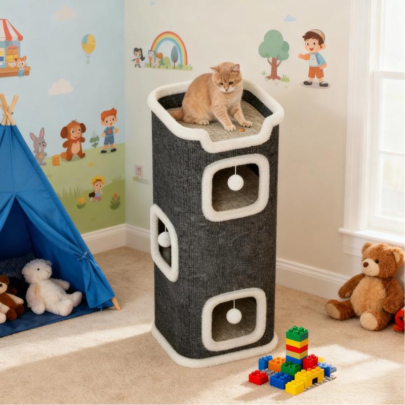 Foldable Multi-Level Cat Tree Tower For Indoor Cats, Scratch-Resistant Cat Furniture With Hanging Toy Ball, Soft Cozy Top Bed And Hideaway, 1/2/3 Tier, Ideal Holiday Gift For Cats