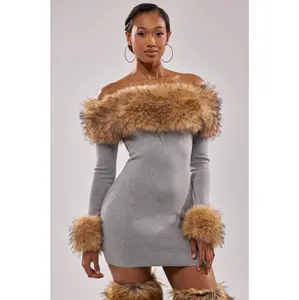 COMFY COZY FUR TRIM MINI DRESS IN GREY