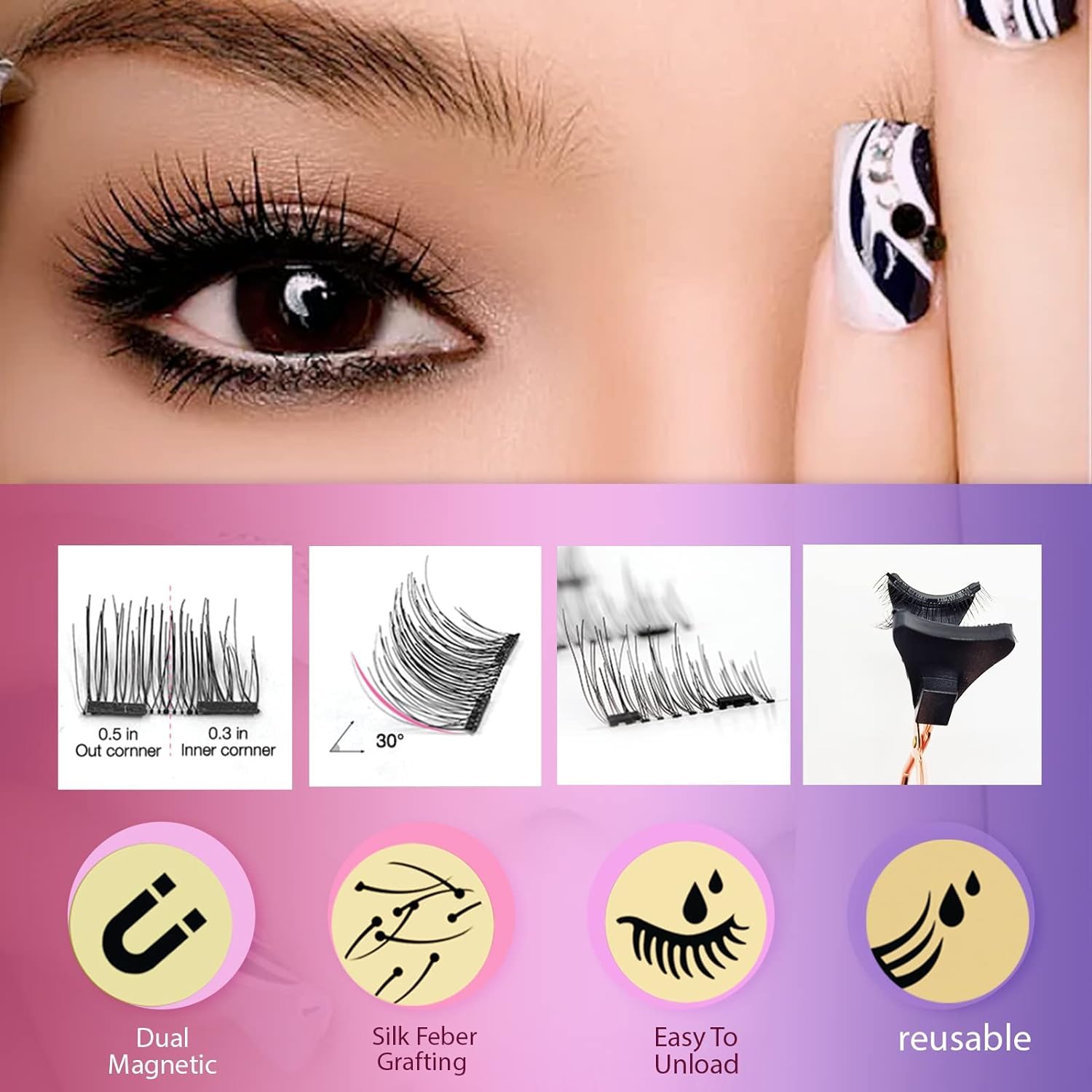 Magnetic Eyelashes, No Glue Magnetic Eyelashes - 4 Pair Natural Look, Lightweight & Waterproof False Lashes, Easy Application Without Eyeliner (Black)