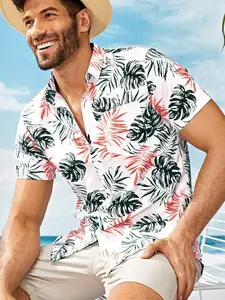 Trendy Men's Blue & Yellow Tropical Leaf Print Button Down Shirt, Short Sleeve Camp Collar Casual Top with Chest Pocket, Minimal Tropical Summer Shirt for Street Style & All-Day Daily Wear #MensStreetwearShirt #HawaiianAestheticFashion #VersatileSummerTop