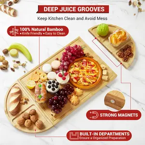Bamboo Deli Platter and Cheese Board Set, 3-Piece – Magnetic Cutting Boards with Deep Juice Groove, 5 Compartments – Large Eco-Friendly Serving Platter for Kitchen, Easy to Clean, Ideal Housewarming or Wedding Gift