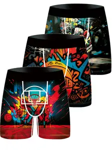 Men's Basketball Digital Print Underwear Set, Breathable Comfortable Briefs, Cartoon Design, 3 Pack, Sports Style Panties