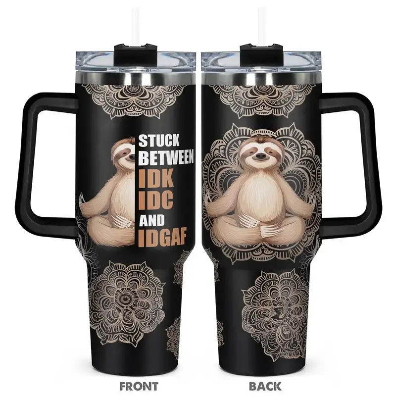 Sloth Pattern Tumbler with Lid, 1 Count 40oz Stainless Steel Water Bottle, Insulated and Durable Water Cup for Birthdays, Holidays, Gift for Family, Friends, Coworkers, Drinkware