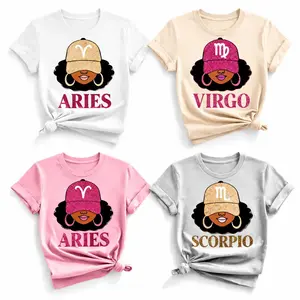 [Full 12 Zodiac] Zodiac Vibes Tshirt – Afro Woman Astrology Sign Pullover with Sparkly Hat Graphic, Unisex Horoscope Crewneck Gift for White, Sand, Grey Sport, Pink Color - SoftHype Apparel
