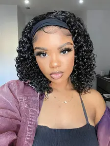 Deep Wave Headband Wig, 14 Inch Curly Synthetic Hair, Glueless Non-Lace Front, Brazilian Virgin Hair, 150% Density, Natural