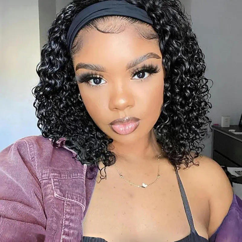 Deep Wave Headband Wig, 14 Inch Curly Synthetic Hair, Glueless Non-Lace Front, Brazilian Virgin Hair, 150% Density, Natural