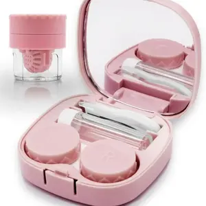Contact Lens Case Kit with Cleaner Washer, Contact Lenses Applicator Removal Tool Kit with Mirror Solution Bottle for Daily and Outdoor Use,Pink