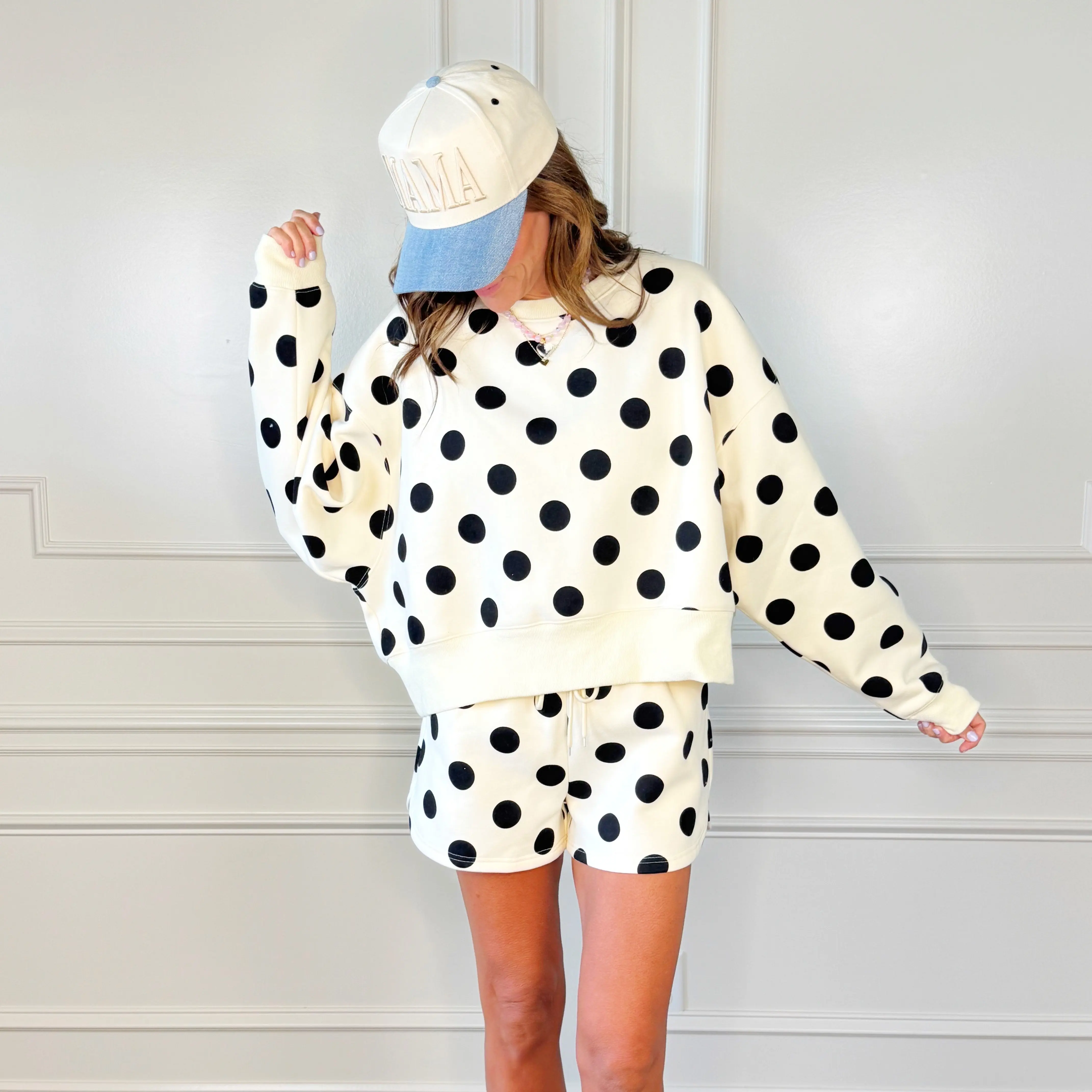Polka Dot Crop Sweatshirt – Cropped Pullover Sweatshirt - Black & Ivory