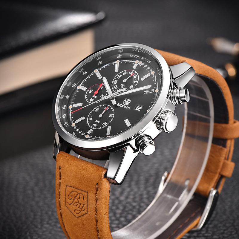 Benyar BY-5102M Men's Chronograph Watch Luxury Quartz Leather Strap Casual Business Wristwatch