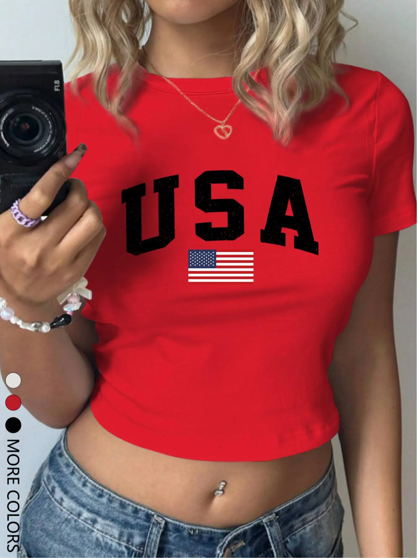 Women's USA Flag & Letter Print Crop Tee, Casual Slim-fitting Short Sleeve T-shirt, Ladies Clothes for All Seasons, Top, Casual Everyday Top, Womenswear