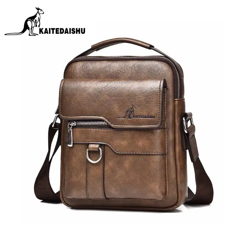 Men's Vintage Leather Crossbody Bag with Handle, Convertible Shoulder Bag for Work & Travel, Zippered Compartment Business Purse, Gift for Dad/Husband (Brown/Black) - Christmas, Birthday, Anniversary Gifts for Men