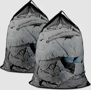 2 Pack Large Mesh Laundry Bags, 24" x 36" Heavy Duty Strong Drawstring Dirty Clothes Bags with Soft Breathable Net, Machine Washable Laundry Bag for College, Dorm, Camp, Travel and Family Use(Black)