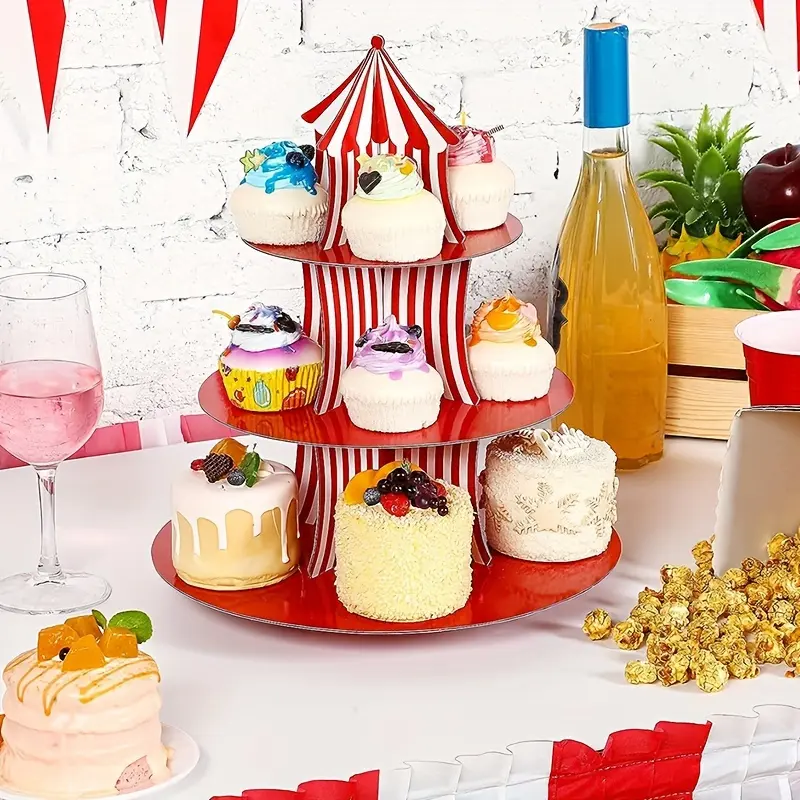 1pc Carnival Theme Party Paper Cake Stand with Stripes, Three-Tier Cupcake Stand Cake Display Stand Cake Decoration for Desserts, Festive Event Supplies, Cupcake Holder, Cake Display Tower
