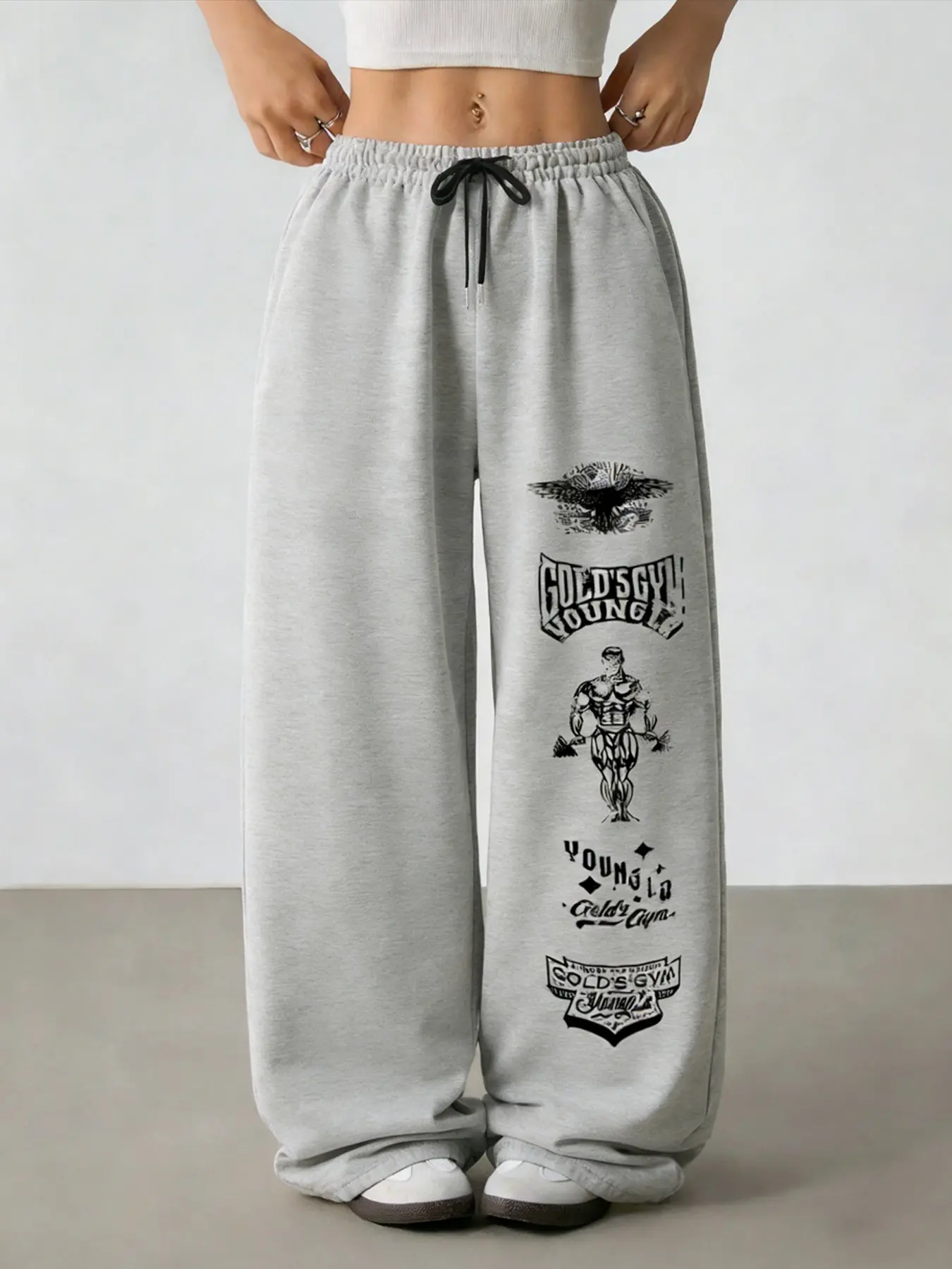 Women's Sporty Barbell Print Drawstring Wide Leg Pants, Loose Fit, Elastic Drawstring Waist, All-Season, Fashionable Casual Wear