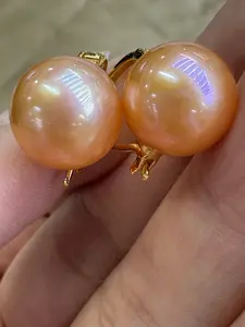 034-freshwater Edison big deep Chinese red pearls earrings 11-12mm in gold-color