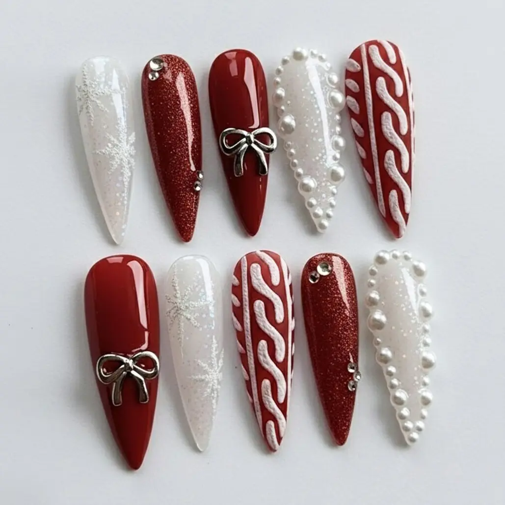 Handmade Christmas Press On Nails | Red and White Glitter, Pearls, Bows & Snowflakes | Stiletto Nails For Holiday Glam Vibe