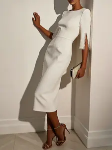 A women's camel-colored, mid-sleeve, boat-neck, figure-hugging, mid-length, slit-spliced pearl-decorated Elegant dress, suitable for summer, suitable for formal occasions such as evening parties, business banquets, or weddings.